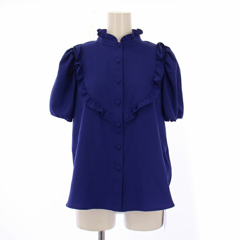 【中古】ルネ Rene シャツ ブラウス 半袖 スタンドカラー フリル ストレッチ 34 青 ブルー /BB レディース 【ベクトル 古着】 250824