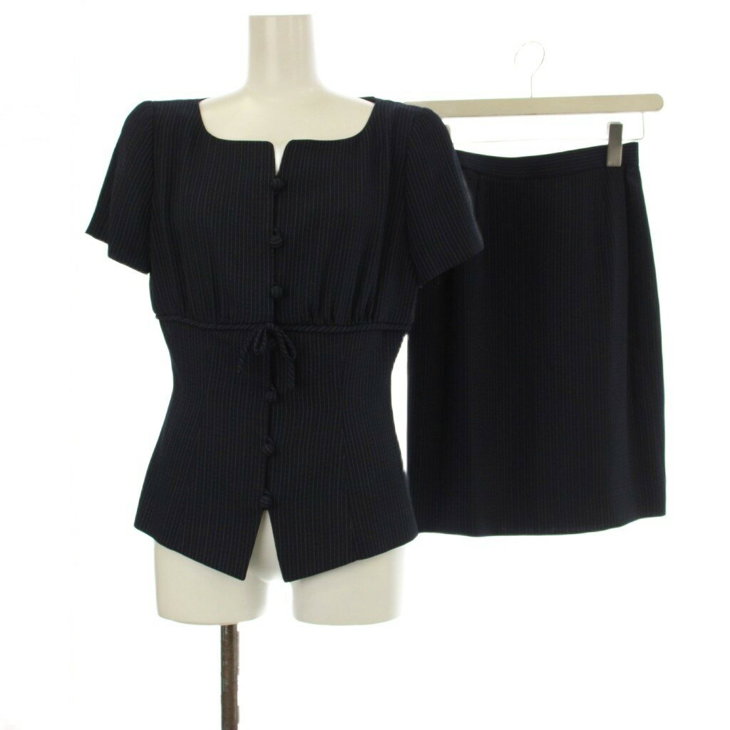 【中古】エムズグレイシー M'S GRACY セットアップ シャツ ブラウス スカート 半袖 ひざ丈 ストライプ柄 9 紺 ネイビー 8-J-22328 /OR レディース 【ベクトル 古着】 250827