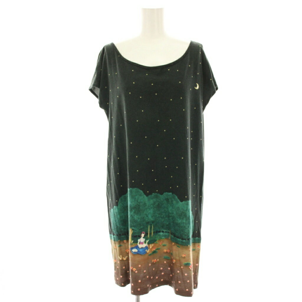 【中古】フランシュリッペ franche lippee チュニック ワンピース ミニ 白雪姫柄 総柄 プリント 半袖 M 黒 ブラック 緑 グリーン 7311041 /HN レディース 【ベクトル 古着】 250917