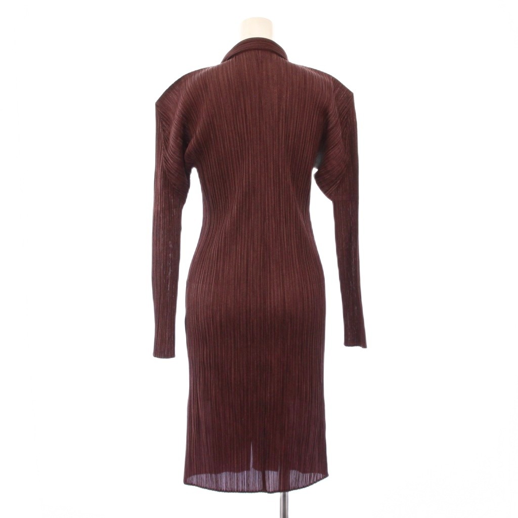 【中古】プリーツプリーズ PLEATS PLEASE イッセイミヤケ シャツワンピース ひざ丈 長袖 オープンカラー ストレッチ 3 ボルドー /BB レディース 【ベクトル 古着】 250828