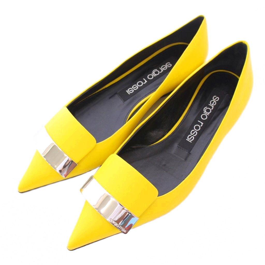 【中古】セルジオロッシ Sergio rossi SR1 フラットパンプス ポインテッドトゥ ローヒール レザー ロゴプレート 37 黄色 イエロー A78960 /BB レディース 【ベクトル 古着】 250831