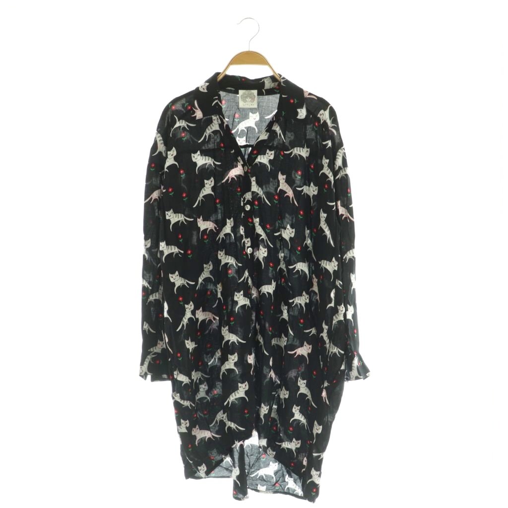 【中古】スカラー ScoLar シャツワンピース ミニ 長袖 総柄 オープンカラー レーヨン M ブラック /MY ■OS レディース 【ベクトル 古着】 251029