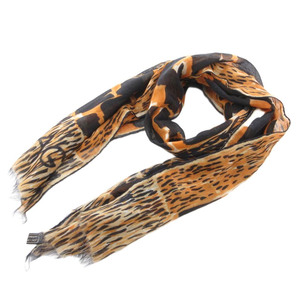 【中古】バレンシアガ BALENCIAGA ストール 虎柄 カシシル カシミヤ シルク混 黒 ブラック オレンジ /J..