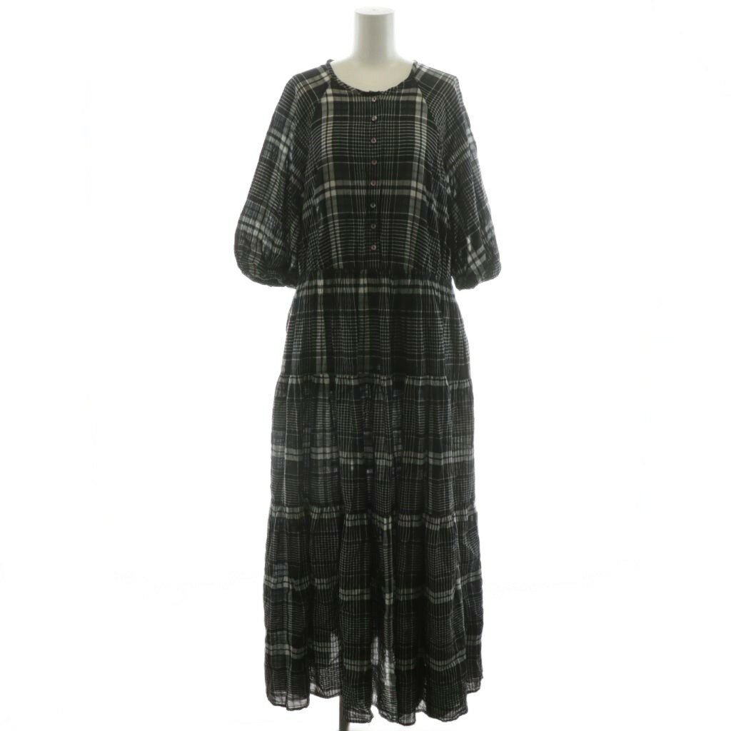 【中古】シンプリシテェ Simplicite 25SS ウォッシャブル ボイルティアードバルーン袖ワンピース マキシ ロング 7分袖 チェック柄 黒 ブラック 白 ホワイト 25040700131020 /AN11 レディース 【ベクトル 古着】 251030(4)