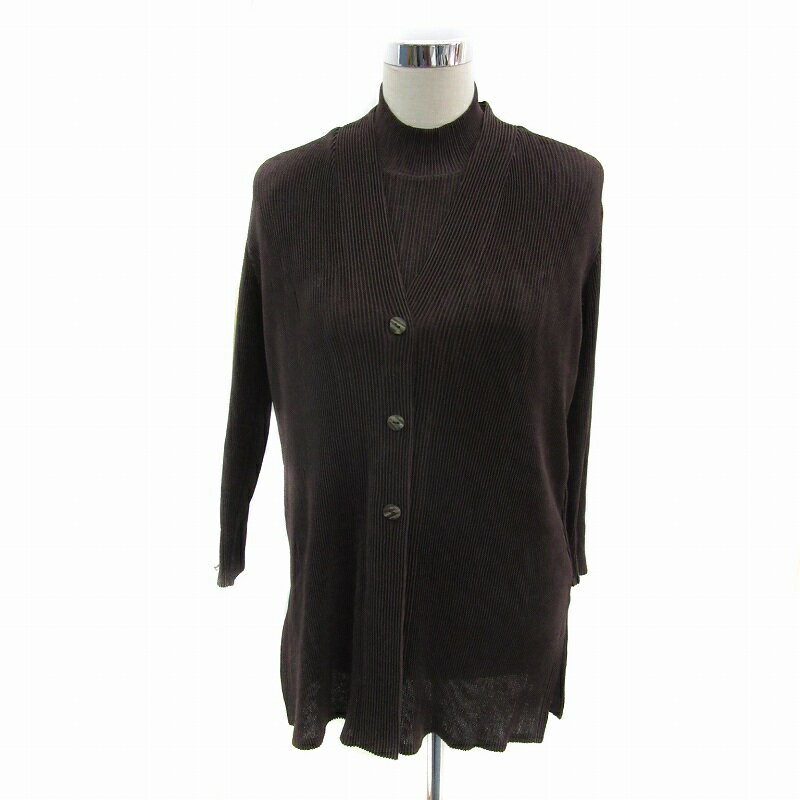 【中古】キャラオクルス CARA O CRUZ アンサンブルニット リブカーディガン ロング丈 Vネック リブカットソー 半袖 ハイネック 無地 9 茶色 ブラウン /YS36 レディース 【ベクトル 古着】 251127
