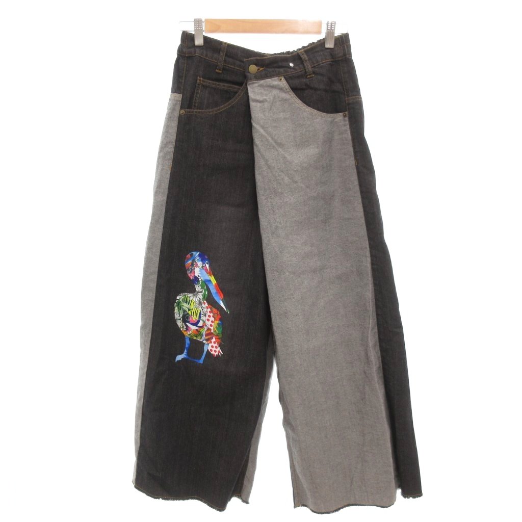【中古】スカラー ScoLar ペリカン柄バイカラーデニムパンツ ジーンズ ラップフロント イージー ワイド M 黒 ブラック グレー /NU レディース 【ベクトル 古着】 251117