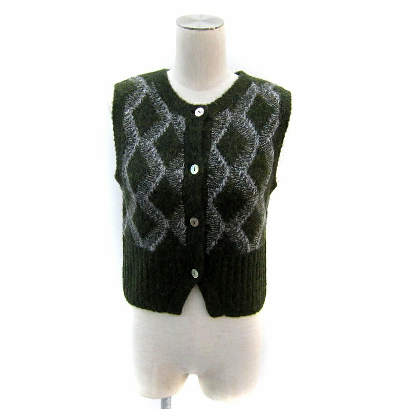【中古】ザラ ZARA ニットベスト ジレ ミドル丈 ラウンドネック 総柄 ウール混 S カーキ /SY37 レディース 【ベクトル 古着】 251126