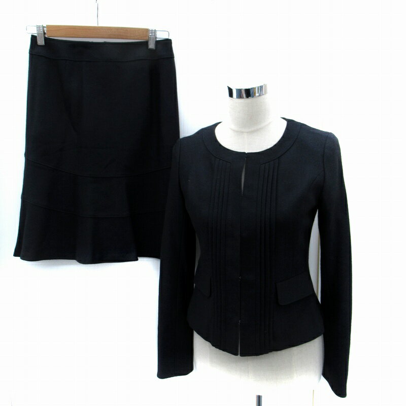 【中古】ミッシェルクラン MICHEL KLEIN フォーマルスーツ セットアップ 上下 ノーカラージャケット ミドル丈 フレアスカート ミモレ丈 ダイアゴナルストライプ柄 38 M 紺 ネイビー /SM1 レディース 【ベクトル 古着】 251126