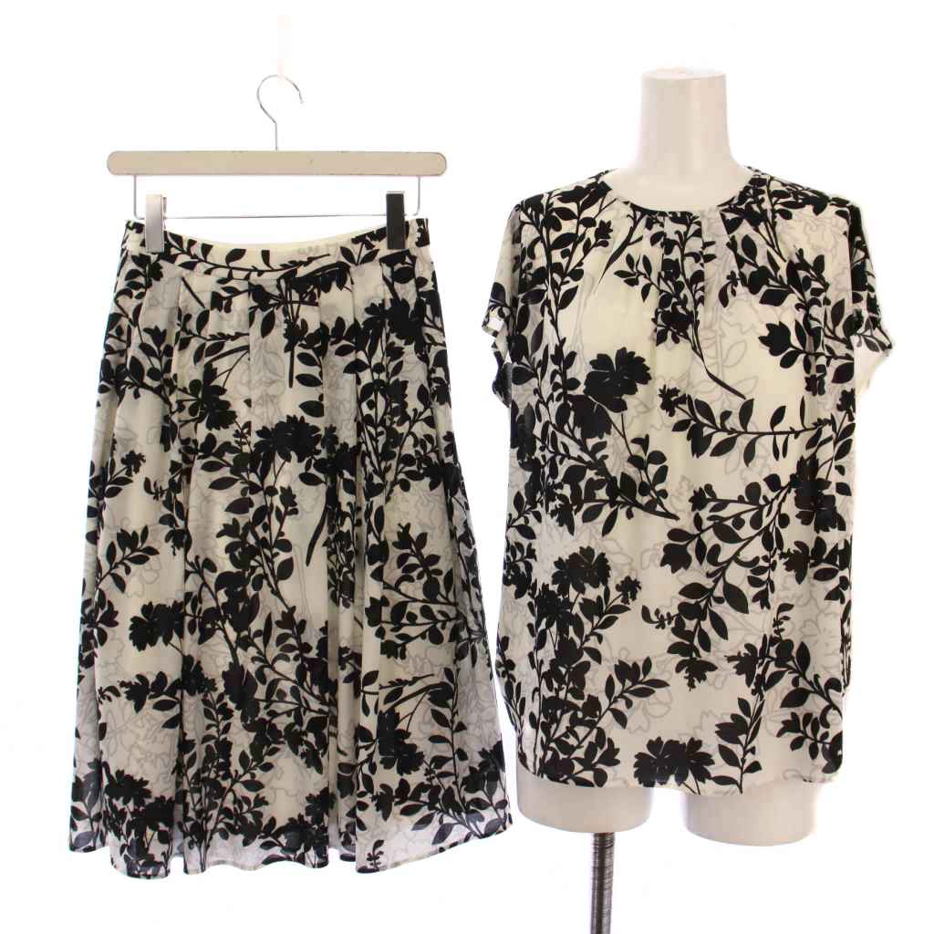 【中古】マッキントッシュ ロンドン MACKINTOSH LONDON セットアップ 上下 ブラウス シャツ 半袖 ペチコート付き フレアスカート ひざ丈 総柄 38 36 ブラック ホワイト /BM レディース 【ベクトル 古着】 251125