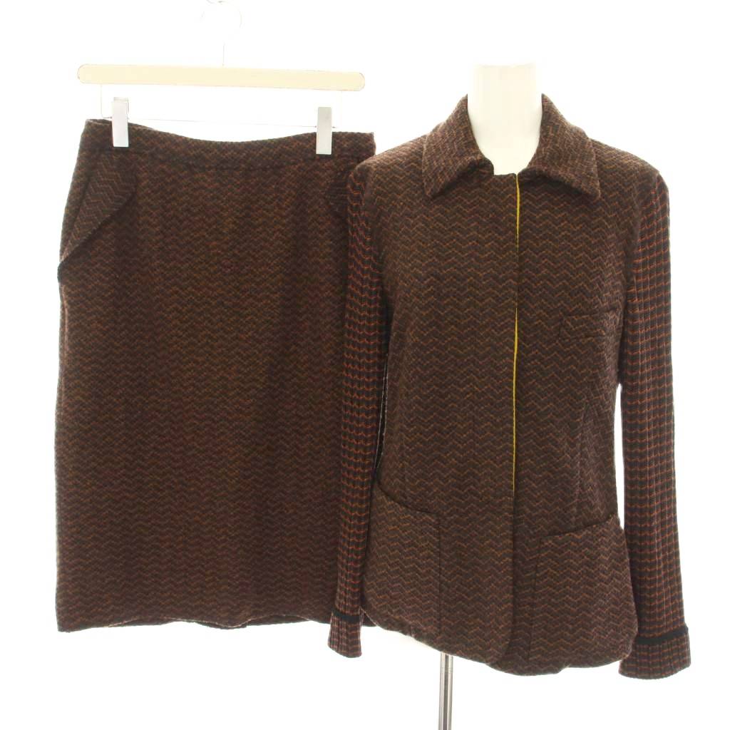 【中古】ミッソーニ MISSONI セットアップ 上下 ニットジャケット スカート ひざ丈 タイト ヘリンボーン柄 絹 シルク 46 茶 ブラウン /YT レディース 【ベクトル 古着】 251128