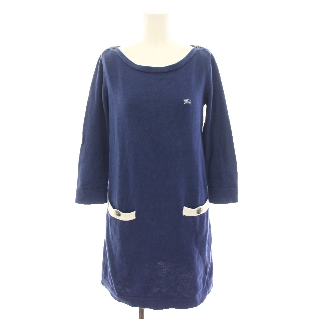 樂天商城 - 【中古】バーバリーブルーレーベル BURBERRY BLUE LABEL ニット ワンピース ミニ ボートネック 長袖 ロゴ刺繍 38 青 ブルー 白 ホワイト E1J99-552-25 /YT レディース 【ベクトル 古着】 260216