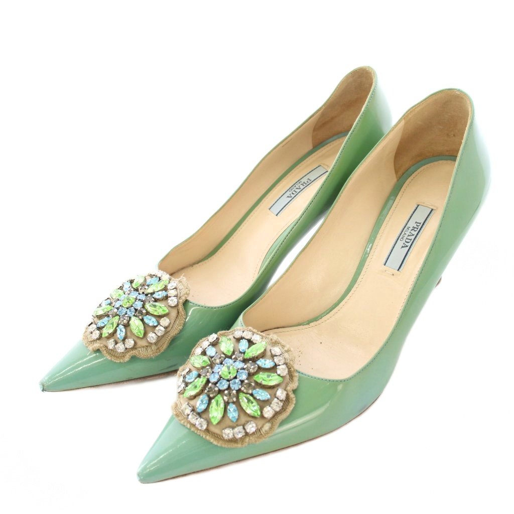 プラダ PRADA パンプス ポインテッドトゥ ハイヒール エナメル ビジュー 装飾 39 緑 グリーン /BB レディース  260220
