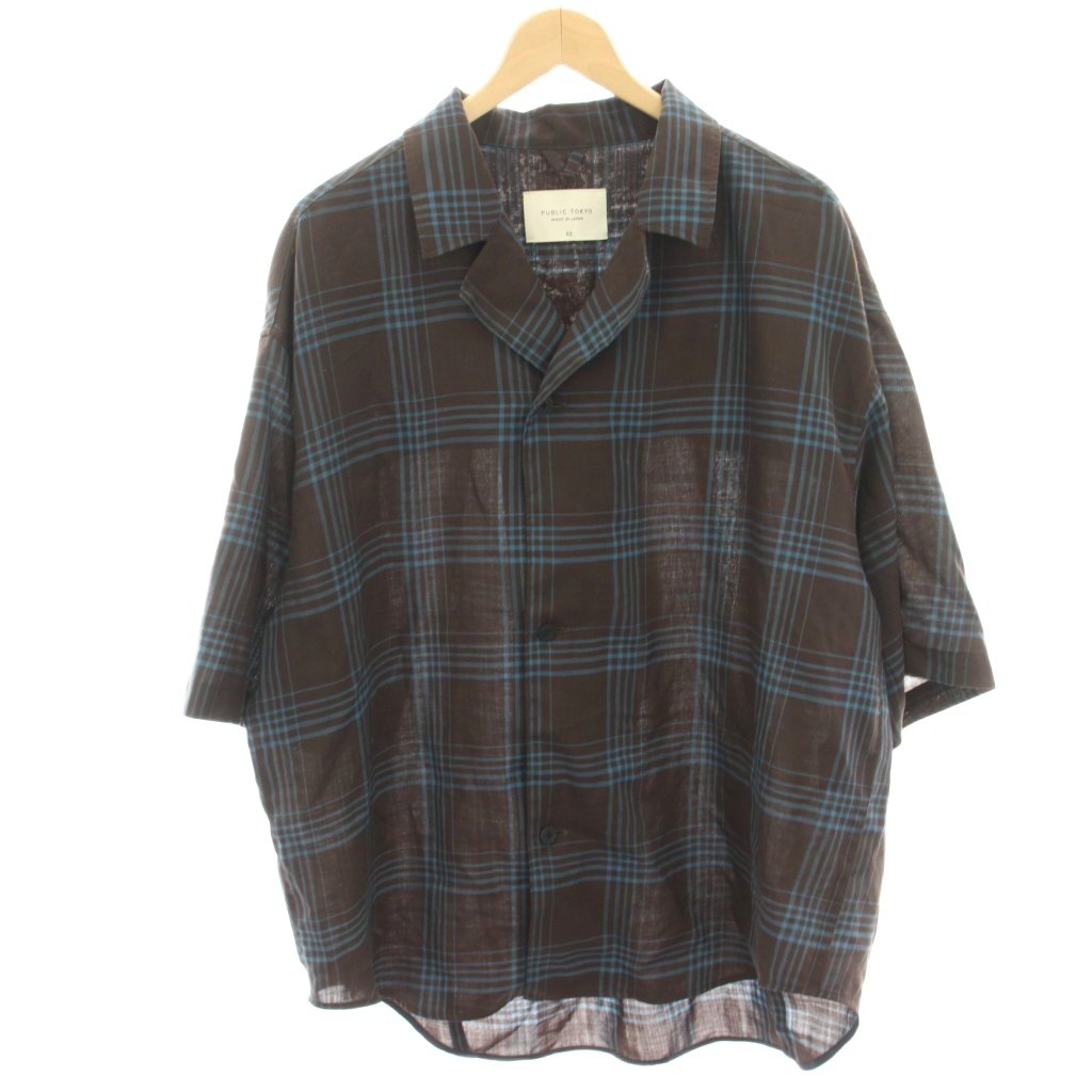 【中古】パブリックトウキョウ PUBLIC TOKYO 23SS カジュアルシャツ オープンカラーシャツ 半袖 チェック ウール混 2 茶 ブラウン 青 ブルー 153302012 /HN レディース 【ベクトル 古着】 260225