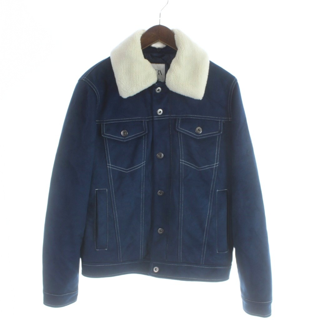 【中古】ザラ ZARA 中綿ジャケット スエード ボア襟 S 紺 ネイビー 白 ホワイト /AP メンズ 【ベクトル 古着】 260227