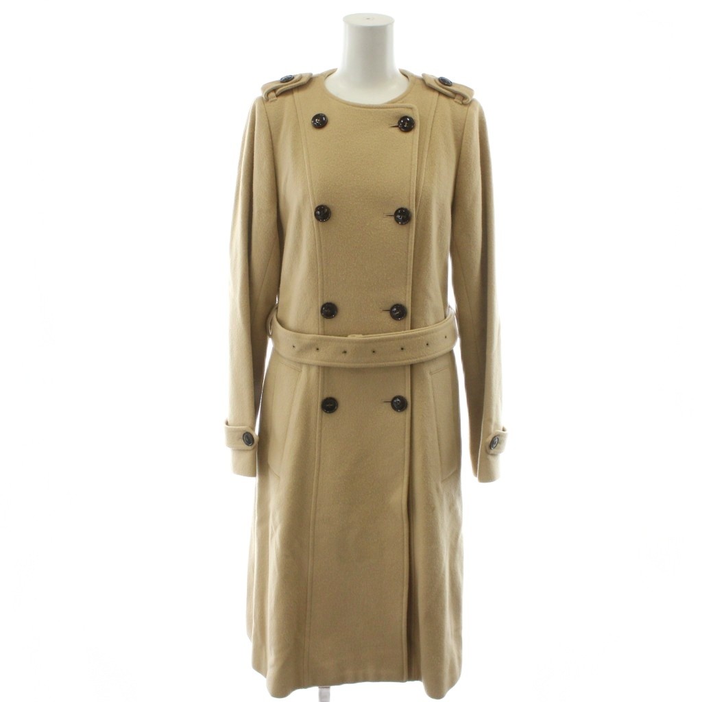 【中古】シップス SHIPS ノーカラーコート ロング カシミヤ混 M ベージュ ダブルブレスト ベルト付き /RR レディース 【ベクトル 古着】 260314