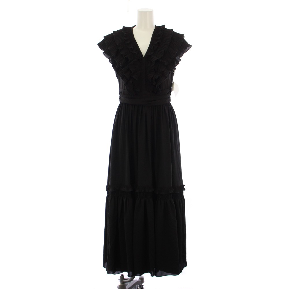 【中古】未使用品 ローブブラン L'AUBE BLANC Pleats collar Chiffon Dress ワンピース ロング フレンチスリーブ フリル M 黒 24AU-21 /BM レディース 【ベクトル 古着】 260317