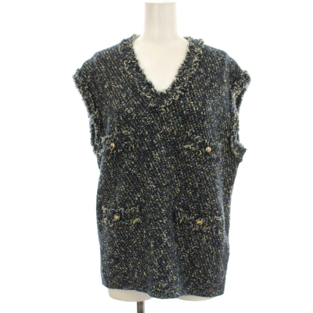 【中古】自由区 オンワード樫山 23AW ニット ベスト Vネック ツイード 38 ネイビー KRWMSW0465 /☆G レディース 【ベクトル 古着】 260417