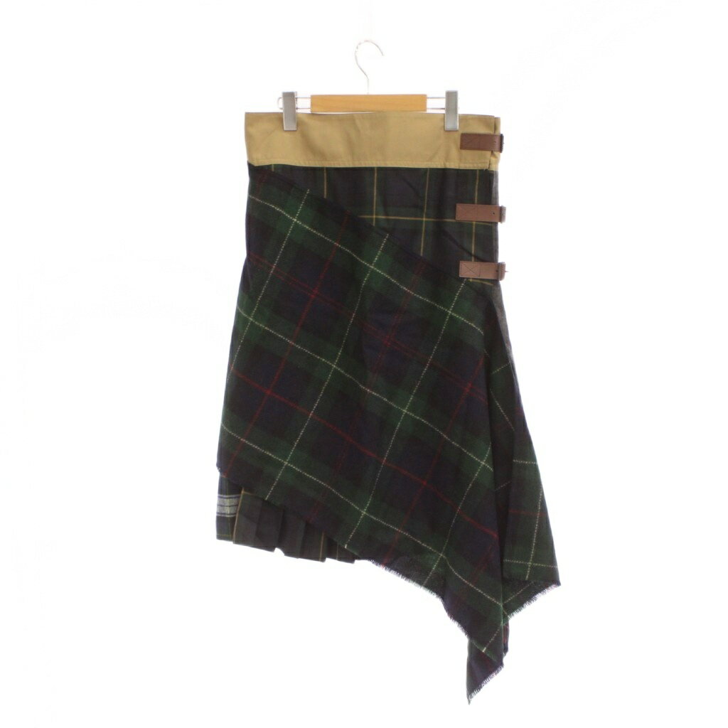 【中古】ビームスボーイ BEAMS BOY HIGHLAND TWEEDS ラップスカート ひざ丈 チェック柄 緑 グレー プリーツ アシメデザイン /JP レディース 【ベクトル 古着】 260424