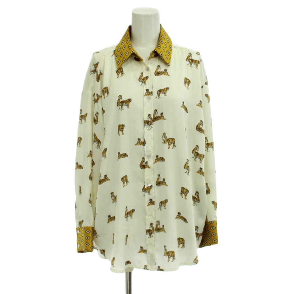 Rakuten - 【中古】ザラ ZARA シャツ ブラウス S 白 黄 タイガー柄 幾何学模様 長袖 /JP レディース 【ベクトル 古着】 260425