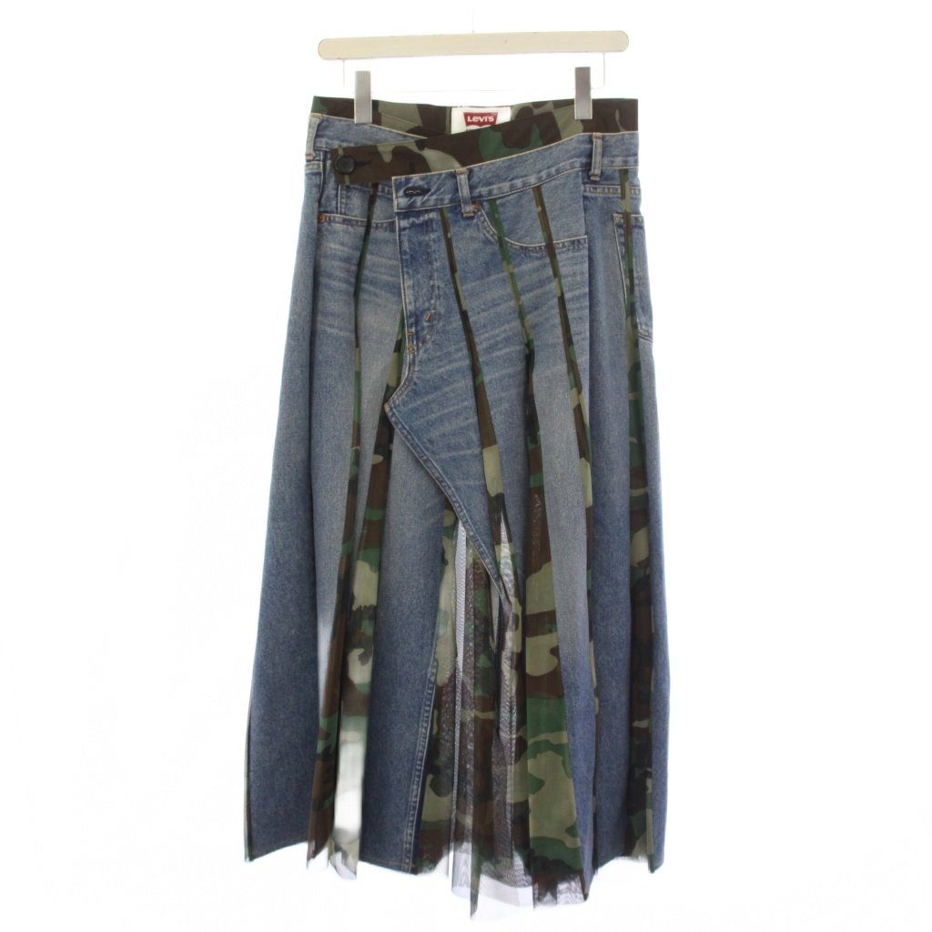 【中古】ジュンヤワタナベ JUNYA WATANABE デニム DENIM リーバイス Levi's AD2021 デニムスカート ラップスカート 巻きスカート ロング フレア カモフラ柄 迷彩柄 W32 L32 S インディゴ カーキ JH-S113 /YT レディース 【ベクトル 古着】 260521