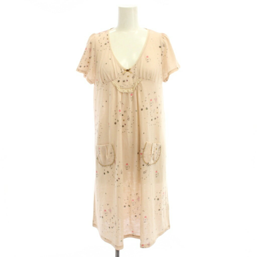 【中古】シェリーラファム Cherir la femme ワンピース M ピンク 総柄 Vネック 半袖 ひざ丈 /JP レディース 【ベクトル 古着】 260529