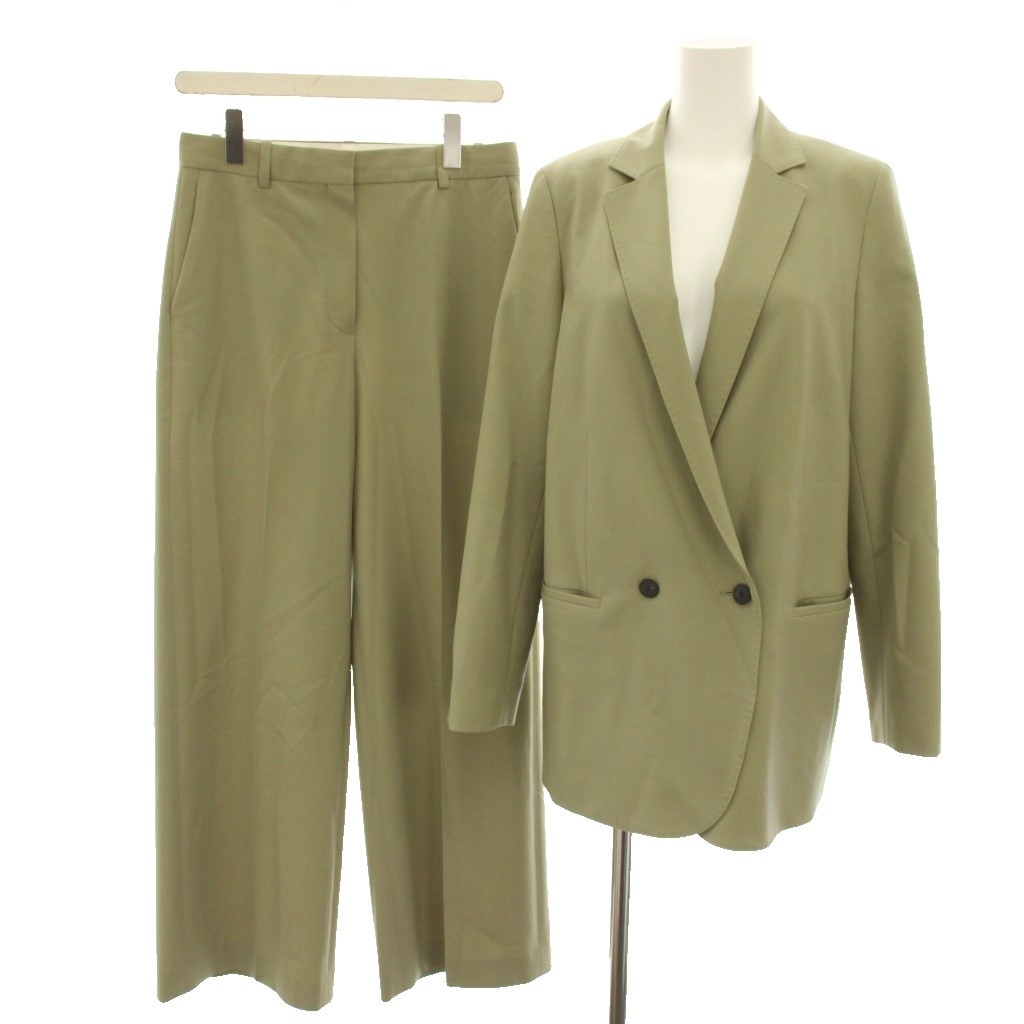 【中古】セオリー Theory スーツ セットアップ 上下 トレーサブルウールダブルブレストボーイジャケット TRACEABLE WOOL DB BOY JKT テーラードジャケット ダブル トレーサブルウールリラックストラウザーズ パンツ スラックス 2 黄緑 レディース 【ベクトル 古着】 260529