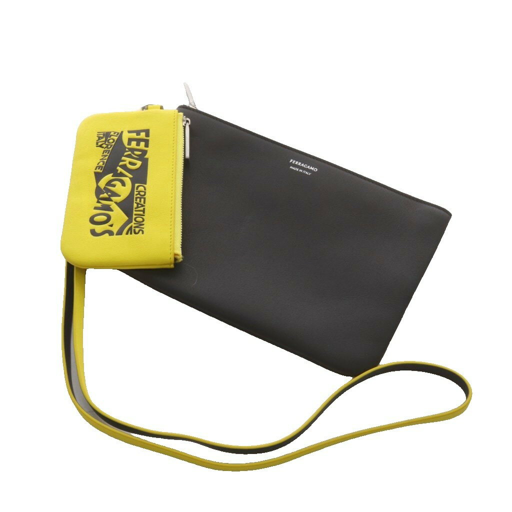 【中古】サルヴァトーレフェラガモ Salvatore Ferragamo リストレット ポーチ ロゴ レザー 黒 ブラック 黄 イエロー /AN13 ■OH レディース 【ベクトル 古着】 260609