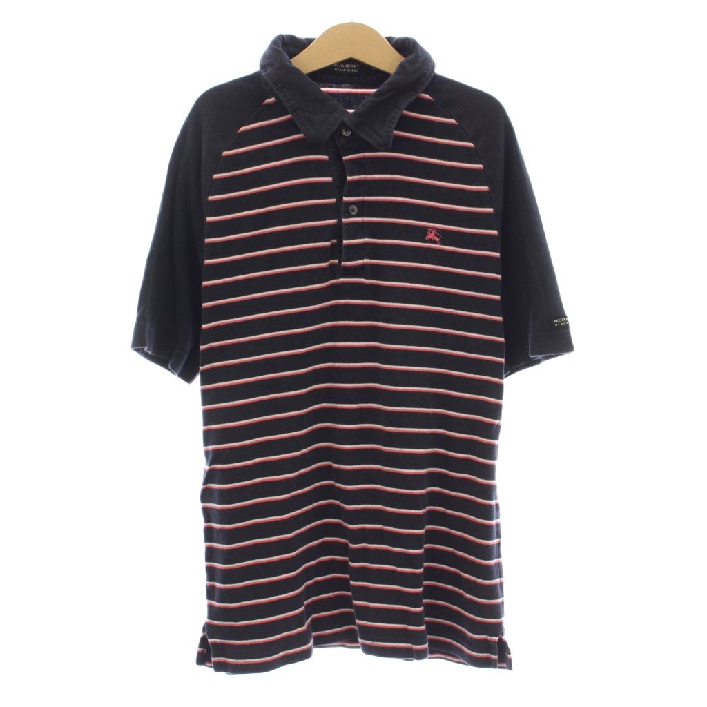 【中古】バーバリーブラックレーベル BURBERRY BLACK LABEL ポロシャツ 2 紺色 ネイビー ピンク 白 ホワイト ボーダー柄 半袖 /LP メンズ 【ベクトル 古着】 260724