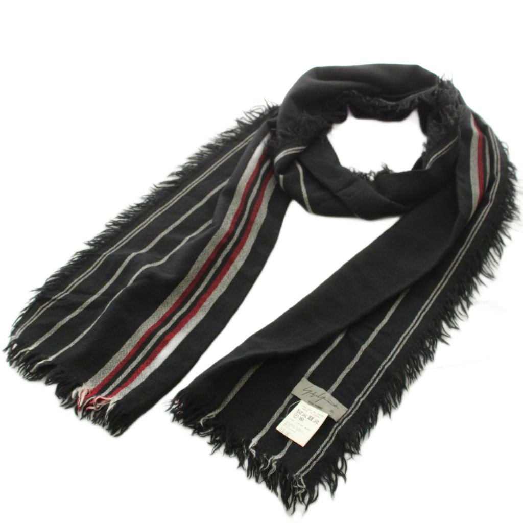 【中古】ヨウジヤマモトプールオム YOHJI YAMAMOTO POUR HOMME ストール マフラー 大判 フリンジ ストライプ柄 ウール 黒 ブラック グレー 赤 レッド HD-L06-138 /KU メンズ 【ベクトル 古着】 260724