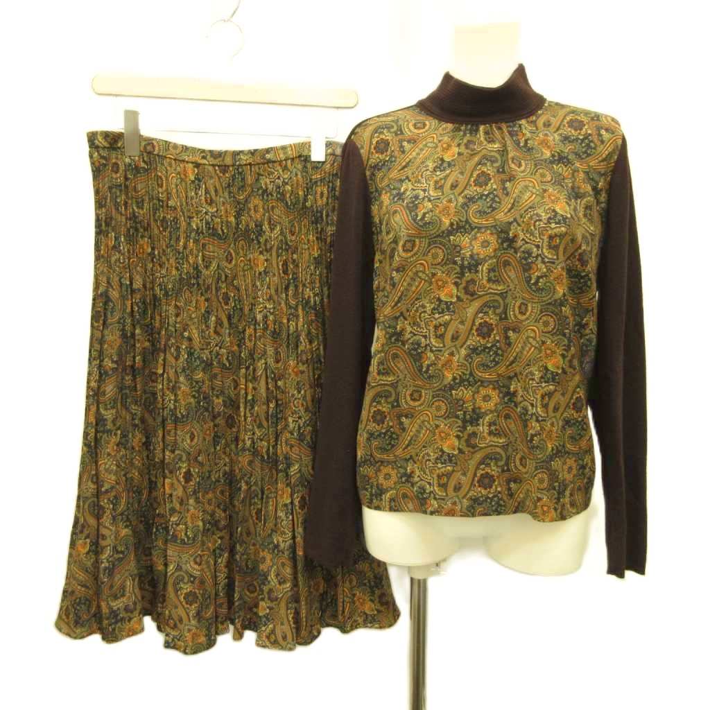 【中古】レリアン Leilian オリジナル ORIGINAL セットアップ 上下 カットソー ハイネック 長袖 ニット切替 カシミヤ混 9 スカート ロング プリーツ 11 ペイズリー柄 茶 ブラウン 紺 ネイビー /YT レディース 【ベクトル 古着】 260903ブランドレリアン Leilian表記サイズ■カットソー 9 ■スカート 11実寸サイズジャケット 肩幅：約38cm　ジャケット 身幅：約49cm　ジャケット 袖丈：約58cm　ジャケット 着丈：約50cm　スカート ウエスト：約76cm　スカート ヒップ：約86cm　スカート丈：約70cm　　素材■カットソー 編地 毛、カシミヤ 織地 ポリエステル、毛 ■スカート 表地 ポリエステル、毛 裏地 キュプラ色茶 ブラウン、混、オレンジ、緑 グリーン、青 ブルー、ベージュ状態ニット部分に毛羽立ちや毛玉がありますが、使用感が少なく、状態の良い商品です。（写真9枚目参照） ※あくまでも中古品ですので掲載写真や記載内容をご確認いただき、ご理解の上ご購入ください。備考・ポケットなし商品のお問い合わせの回答を休止しております。＊各商品ページの商品詳細等をご確認の上ご購入ください。【中古】レリアン Leilian オリジナル ORIGINAL セットアップ 上下 カットソー ハイネック 長袖 ニット切替 カシミヤ混 9 スカート ロング プリーツ 11 ペイズリー柄 茶 ブラウン 紺 ネイビー /YT レディース 【ベクトル 古着】 260903状態ランク　”A”詳細については、下記および「状態ランクについて」ページをご覧ください。未使用・新品の商品ほぼ新品同様の商品使用感が少なく、かなり状態の良い商品使用感はあるが、傷や汚れの少ない商品使用感の他、傷や汚れが見られる商品かなり大きな傷みがある難あり商品※S〜CランクはUSED品となりますので、使用感をご理解の上でご入札下さい。状態ランクについてinformationブランドレリアン Leilian表記サイズ■カットソー 9 ■スカート 11実寸サイズジャケット 肩幅：約38cm　ジャケット 身幅：約49cm　ジャケット 袖丈：約58cm　ジャケット 着丈：約50cm　スカート ウエスト：約76cm　スカート ヒップ：約86cm　スカート丈：約70cm　　素材■カットソー 編地 毛、カシミヤ 織地 ポリエステル、毛 ■スカート 表地 ポリエステル、毛 裏地 キュプラ色茶 ブラウン、混、オレンジ、緑 グリーン、青 ブルー、ベージュ状態ニット部分に毛羽立ちや毛玉がありますが、使用感が少なく、状態の良い商品です。（写真9枚目参照） ※あくまでも中古品ですので掲載写真や記載内容をご確認いただき、ご理解の上ご購入ください。備考・ポケットなし商品のお問い合わせの回答を休止しております。＊各商品ページの商品詳細等をご確認の上ご購入ください。本商品は一点物です他サイトや店舗にて販売している商品です。多少のお時間差にて欠品になることもございます。予めご了承頂ますようお願い致します。ベクトル・サイズガイドはこちらこの商品と同じブランドの商品を見る