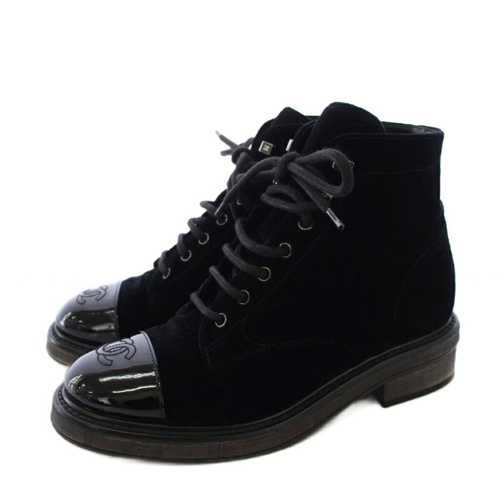 【中古】シャネル CHANEL レースアップコンバットブーツ ベルベット ココマーク 37C 黒 G34958 /KH レディース 【ベクトル 古着】 260313