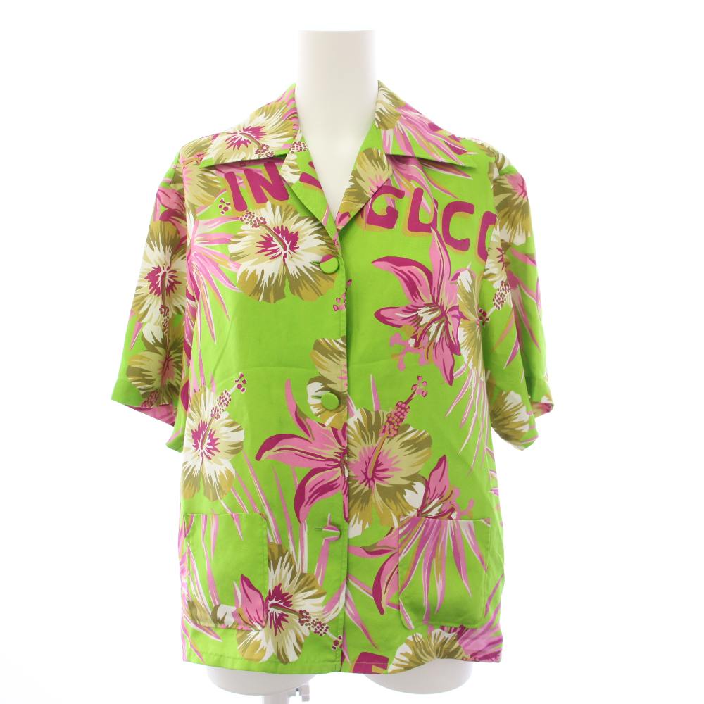 グッチ GUCCI 22AW フローラルシルクボーリングシャツ Floral Silk Bowling Shirt ブラウス オープンカラー 半袖 花柄 絹 シルク 36 黄緑 イエローグリーン ピンク 694890 ZAI5R /YT レディース  260421