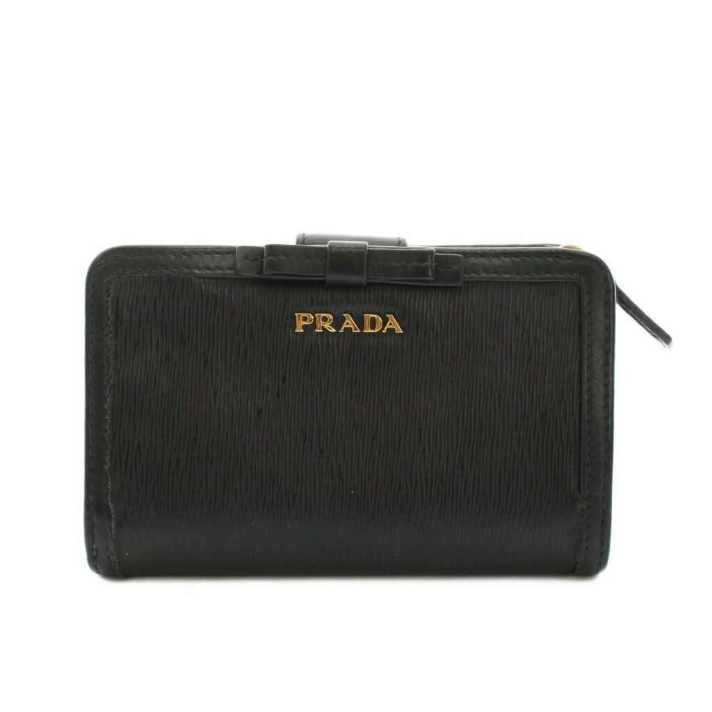 【中古】プラダ PRADA 二つ折り財布 コンパクトウォレット レザー リボンモチーフ 黒 ブラック /YM ■OH レディース 【ベクトル 古着】 260420