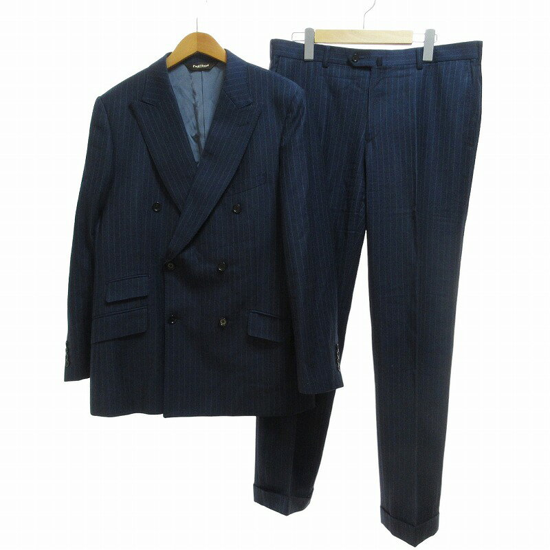 【中古】ポールスチュアート PAUL STUART 美品 セットアップ ダブルスーツ パンツ フォーマル ウール ストライプ柄 紺 ネイビー 48 約Mサイズ IBO52【ベクトル 古着】 240706