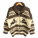 【中古】90s ヴィンテージ カナダ製 カウチンニット カナディアンセーター カーディガン 総柄 白 ホワイト 茶 ブラウン F メンズ 【ベクトル 古着】 241203(4)