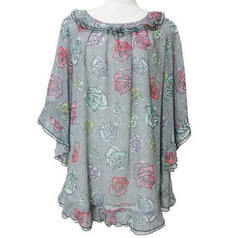 【中古】ユーバイウンガロ U by ungaro 美品 バラ柄 半袖チュニック ブラウス プルオーバー フリル 花柄 40 L相当 ブラック系 IBO62 X レディース 【ベクトル 古着】 241224