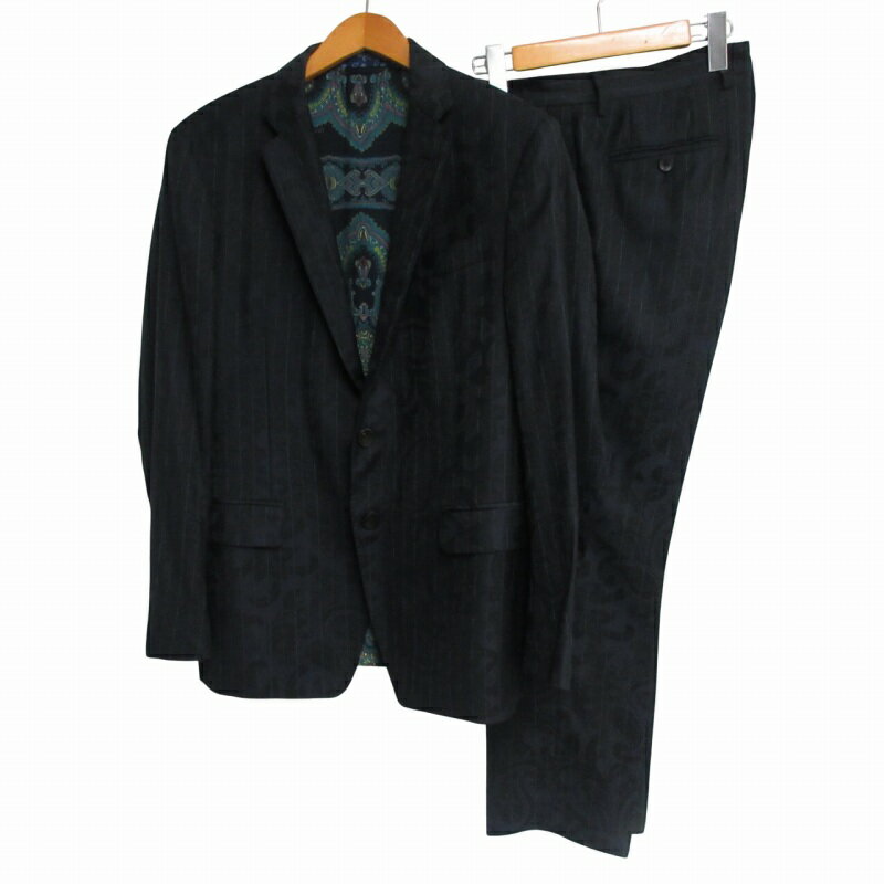 【中古】エトロ ETRO シャドーペイズリー×ストライプ シングルスーツ セットアップ ウール 裏地総柄 本切羽 総裏 黒 ブラック サイズ50 メンズ 【ベクトル 古着】 250401