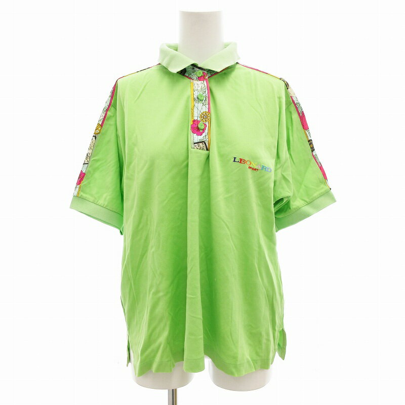 【中古】レオナールスポーツ LEONARD SPORT ポロシャツ カットソー 花柄 ロゴ刺繍 半袖 L 黄緑 /FF IBO76 レディース 【ベクトル 古着】 250710
