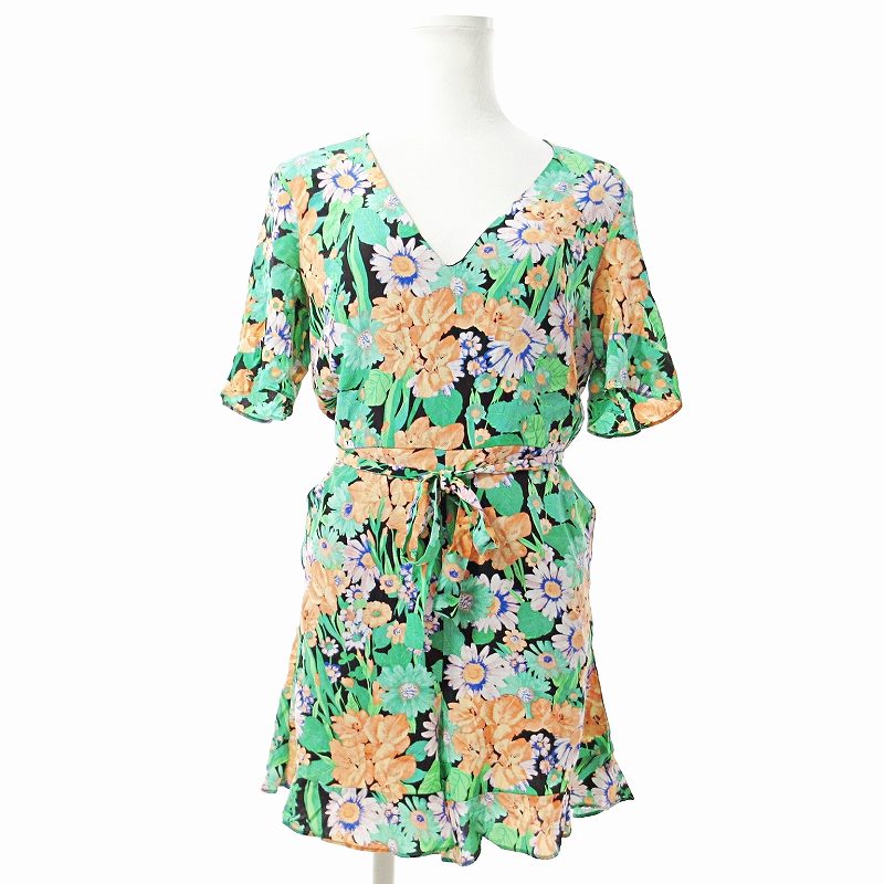 【中古】Sandro PARIS サンドロパリ 花柄 オールインワン ワンピース ショート丈 半袖 シルク Vネック 36 マルチカラー 0710 IBO76 レディース 【ベクトル 古着】 250710