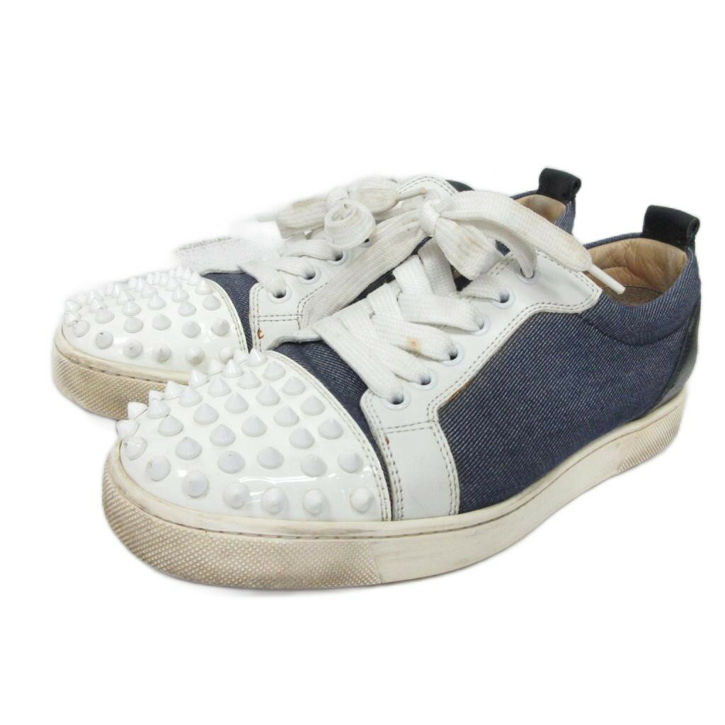 【中古】クリスチャンルブタン Christian louboutin デニム × レザー スパイクスタッズ スニーカー インディゴ ホワイト 38 IBO80 メンズ 【ベクトル 古着】 250825