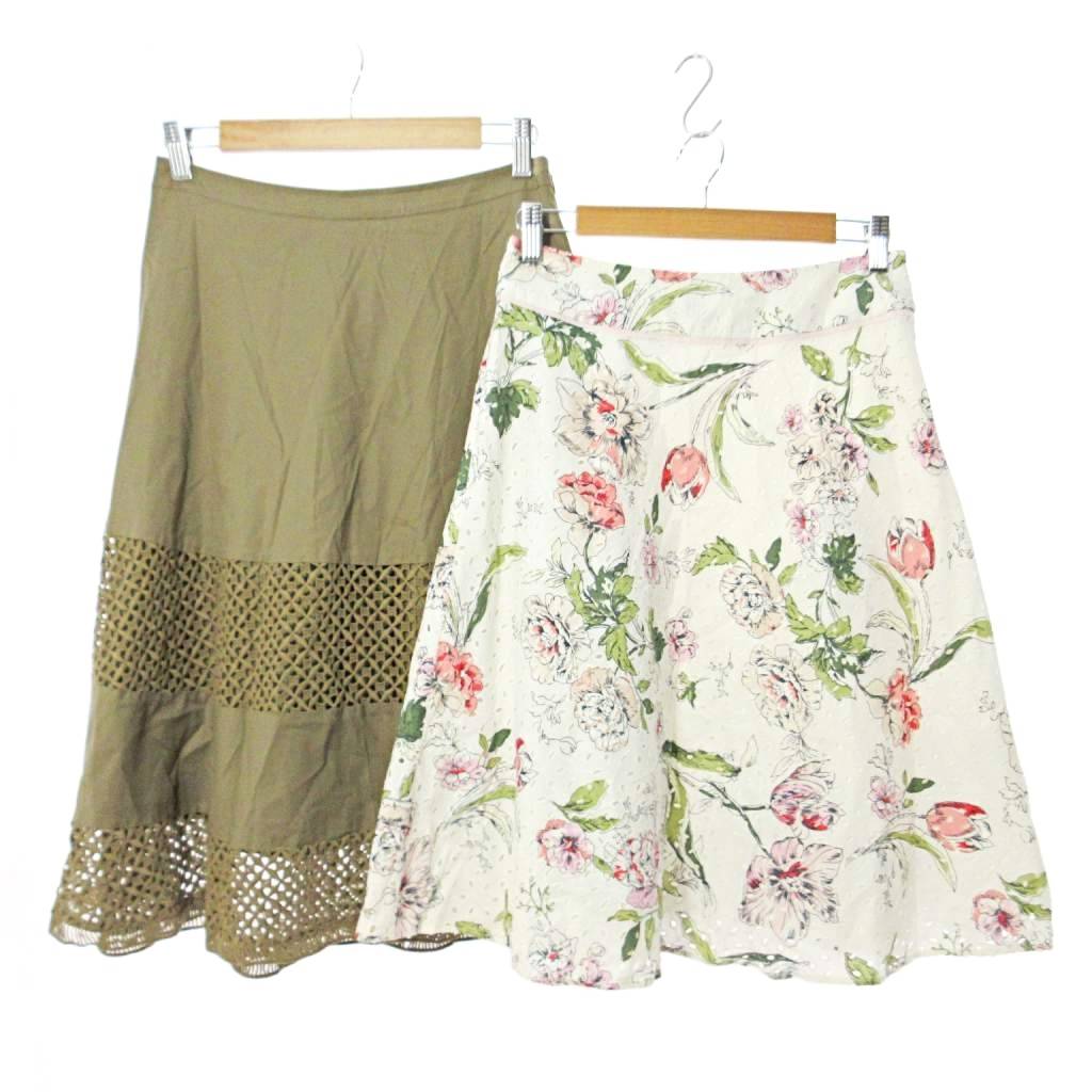 【中古】ローラアシュレイ LAURA ASHLEY レース フレア ロング スカート ミディ丈 花柄 2点 2着 セット まとめ 9 カーキ 白 0912 ■Y...