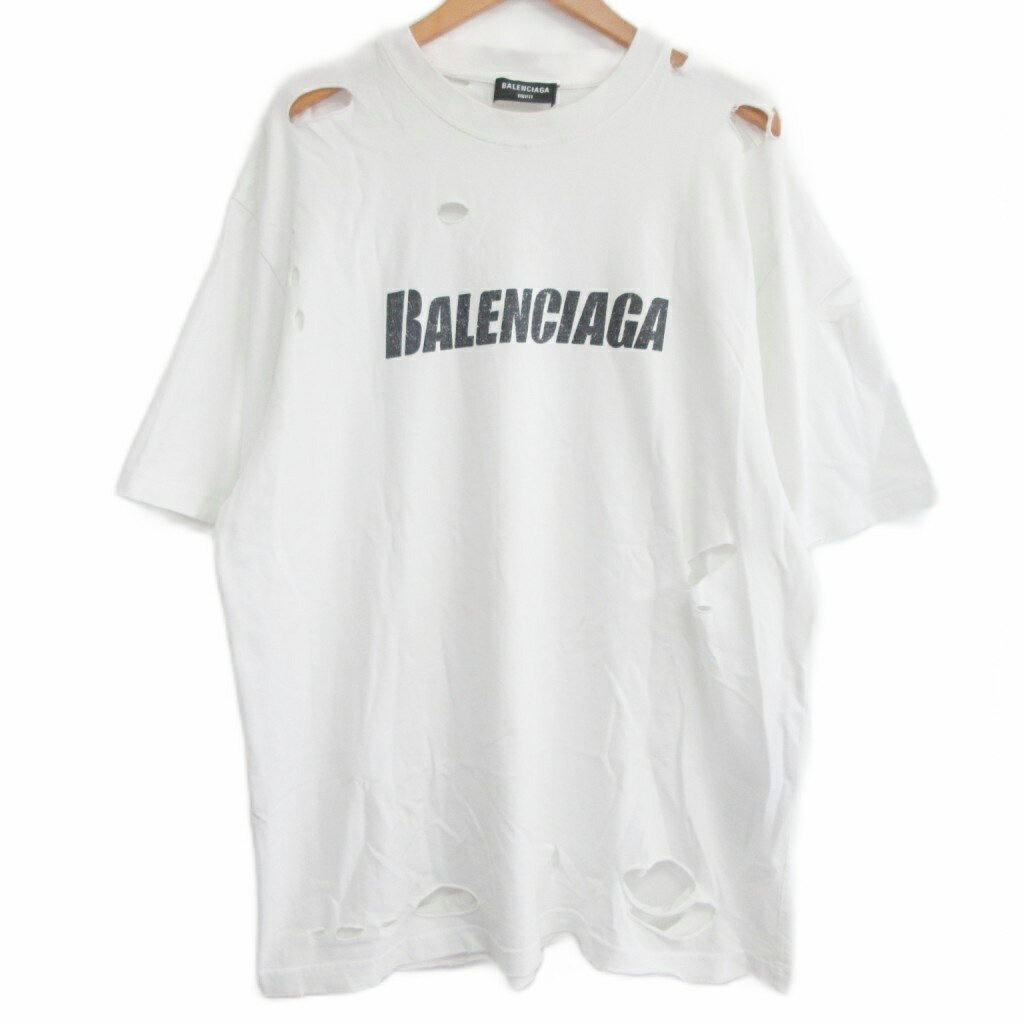 【中古】バレンシアガ BALENCIAGA 21SS Caps Destroyed Flatground Tee デストロイ ロゴプリント Tシャツ ダメージ加...