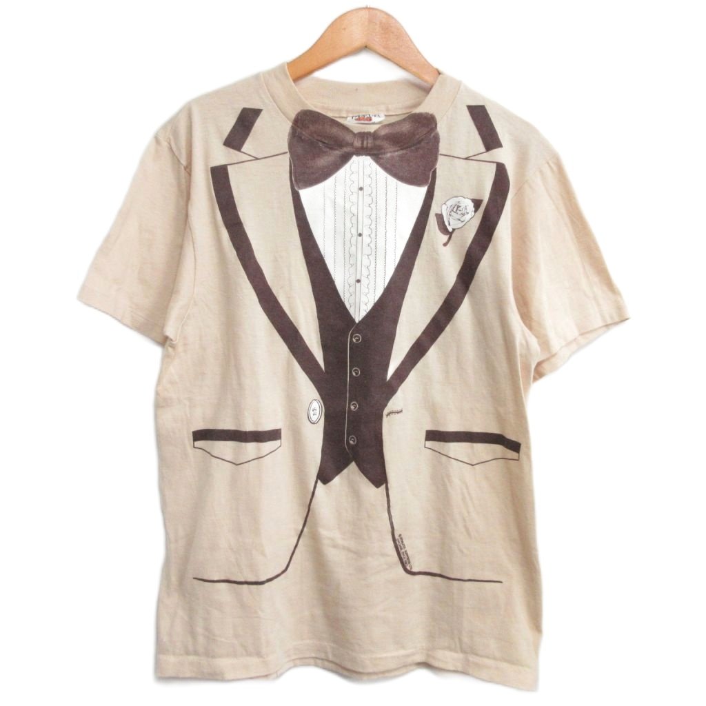 ヘインズ Hanes 70s-80s オレンジタグ FIFTY-FIFTY COMBED ヴィンテージ トロンプルイユ Tシャツ USA製 半袖 タキシードプリント だまし絵 ベージュ M メンズ  251004