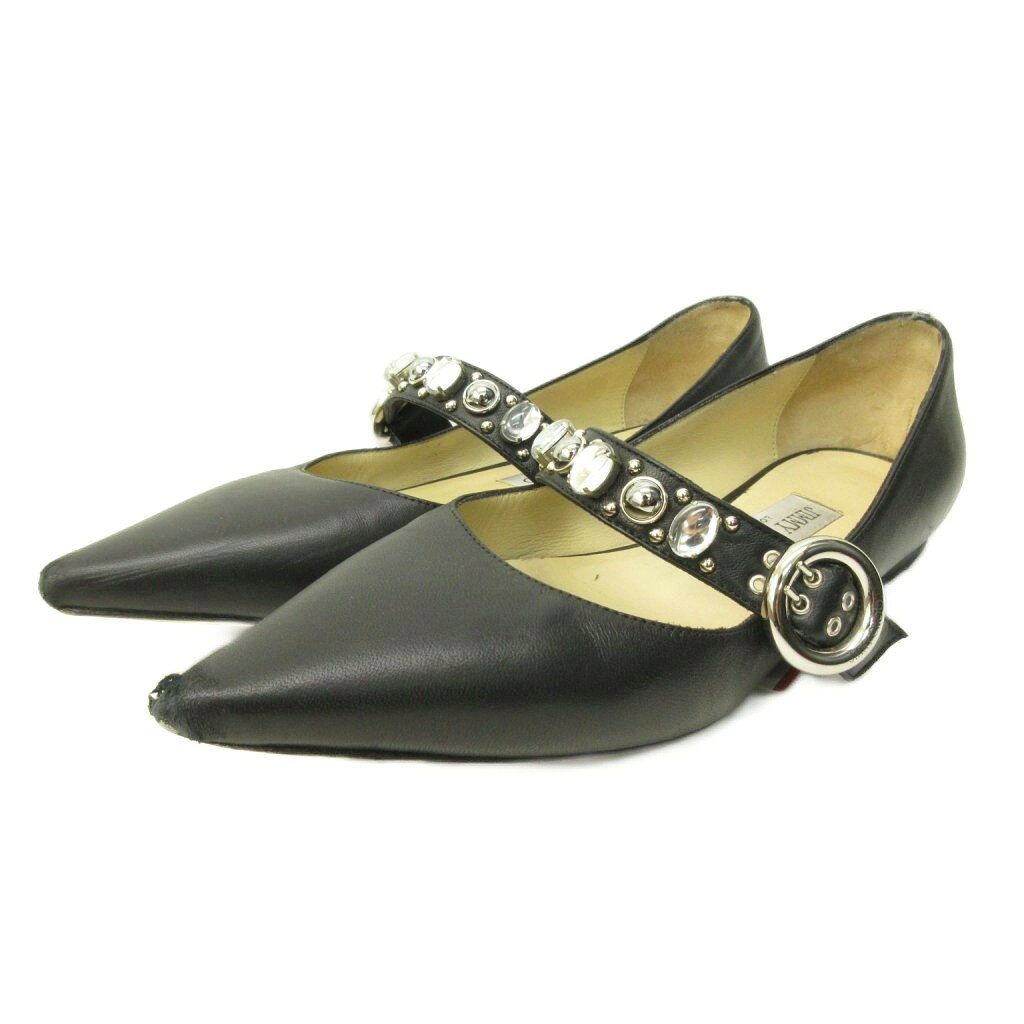 【中古】ジミーチュウ JIMMY CHOO パンプス フラットシューズ ポインテッドトゥ ビジュー 装飾 レザー 37 24.0cm 黒 ブラック 0121 ■MNK4 レディース 【ベクトル 古着】 260121