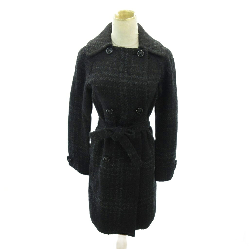 【中古】ランバンオンブルー LANVIN en Bleu 美品 コート ダブル チェック柄 ウール ツイード ベルト ロング丈 36 黒 ブラック 0211 ■MNK5 レディース 【ベクトル 古着】 260211