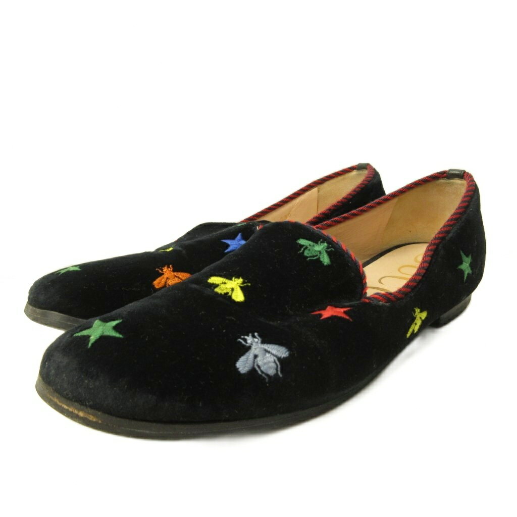 gucci///////////////\' - 【中古】グッチ GUCCI ローファー シューズ ベルベット 星 ハチ 刺繍 39 26.0cm 黒 ブラック 505283 0319 IBO92 レディース 【ベクトル 古着】 260319