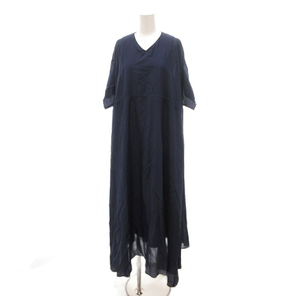 【中古】AK+1 美品 ワンピース 絹 シルク混 38 紺 ネイビー Vネック 半袖 ロング丈 /SJ レディース 【ベクトル 古着】 260521