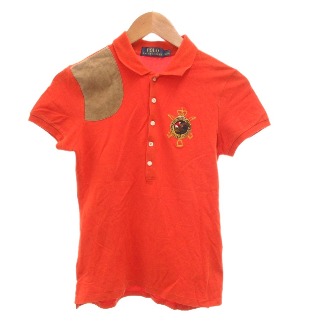 【中古】ポロ ラルフローレン POLO RALPH LAUREN ポロシャツ エンブレム スエード切替 S オレンジ /FF IBO100 レディース 【ベクトル 古着】 260724