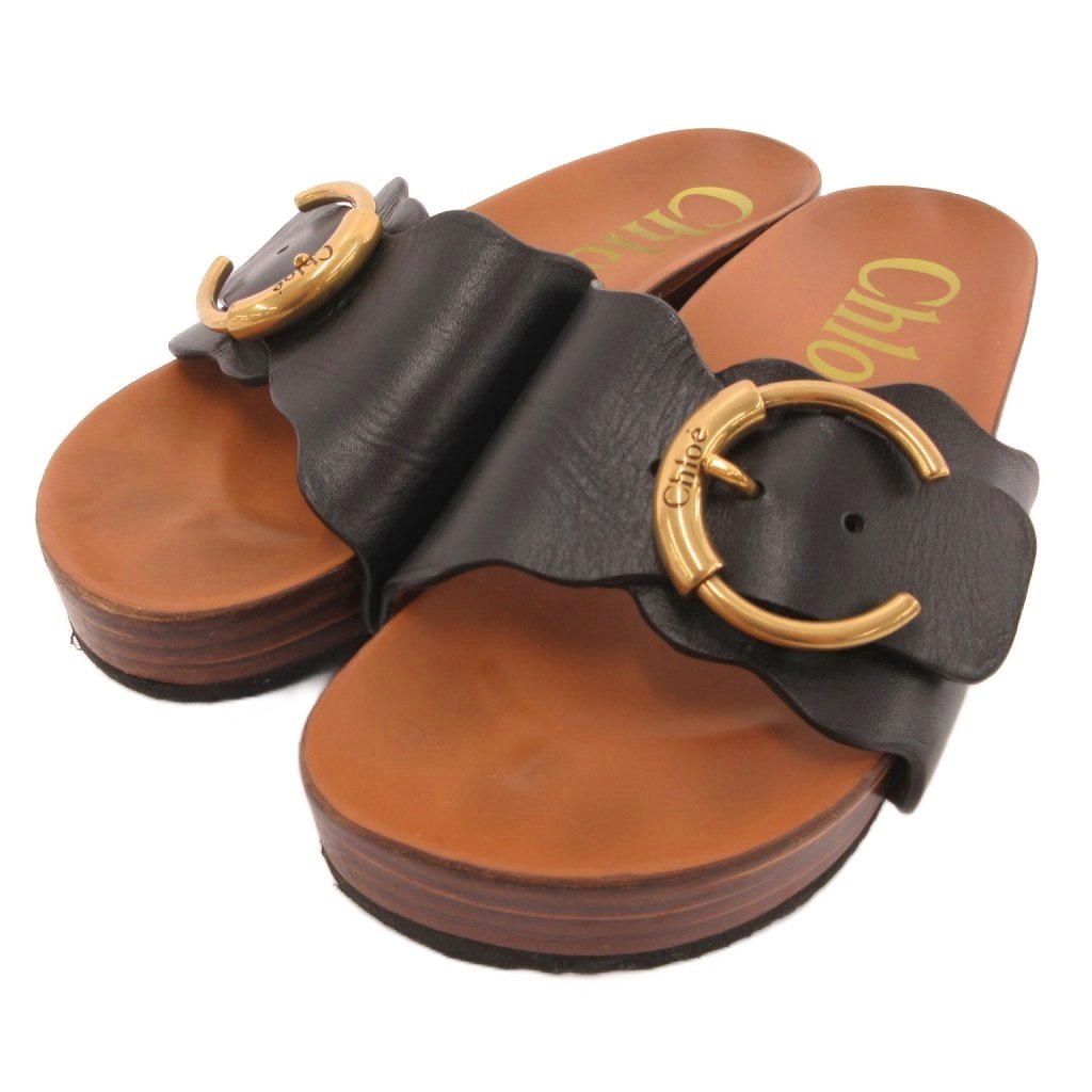 【中古】クロエ CHLOE ingrid スライドサンダル シューズ レザー ロゴバックル ウッドソール フッドベッド 37 黒 ブラック /JS IBO90 レディース 【ベクトル 古着】 260818