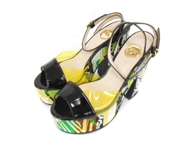 【中古】ラス ras サンダル ストラップ ハイヒール 総柄 プラットフォーム エナメル 38 黒 ブラック /ny レディース 【ベクトル 古着】..